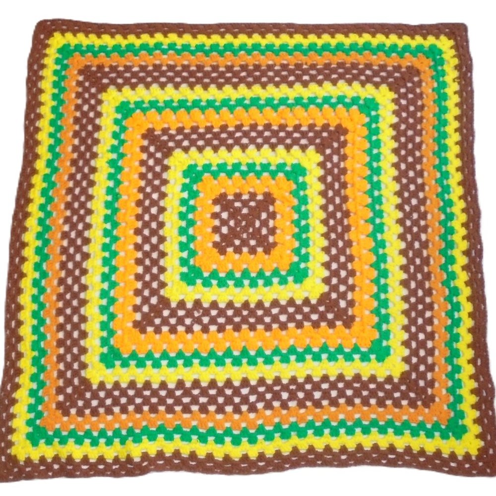 1970s Vintage Crochet Blanket 43" x 43" Handmade throw psychedelic colors